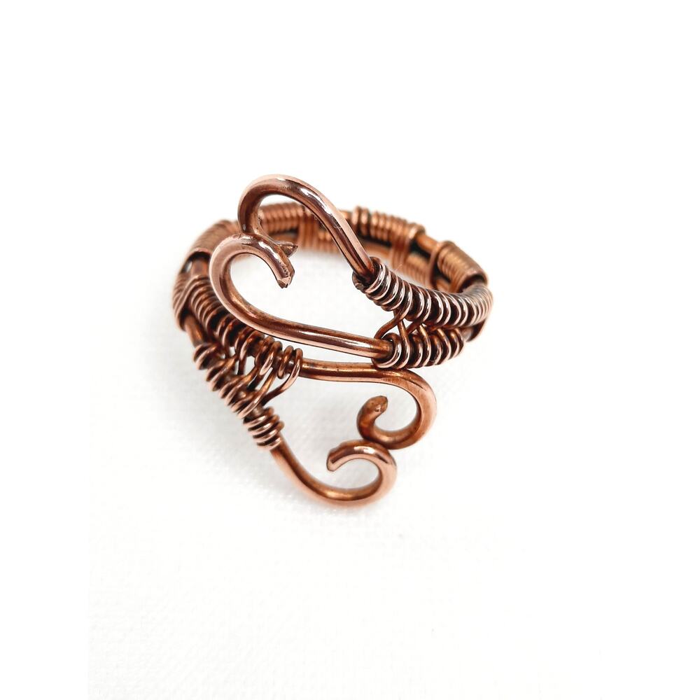 Artisan Made Double Heart Ring Copper Wire Wrapped Weaving Unisex Adjustable